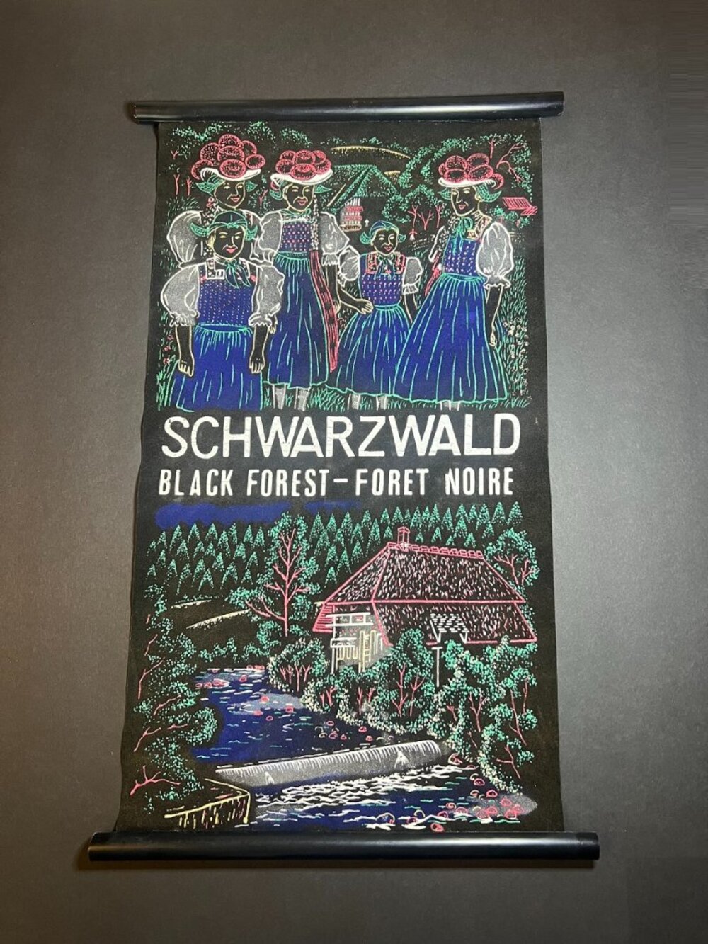 Vintage Black Velvet Germany Schwarzwald Black Forest Souvenir Banner Scroll 20"